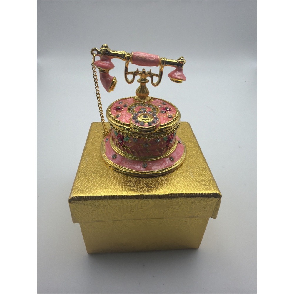 Hand Painted Pink Telephone Style Enameled Jewelry Trinket Box*
